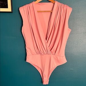 Elegant Pink Deep V-neck Padded Shoulders Women's Bodysuit
